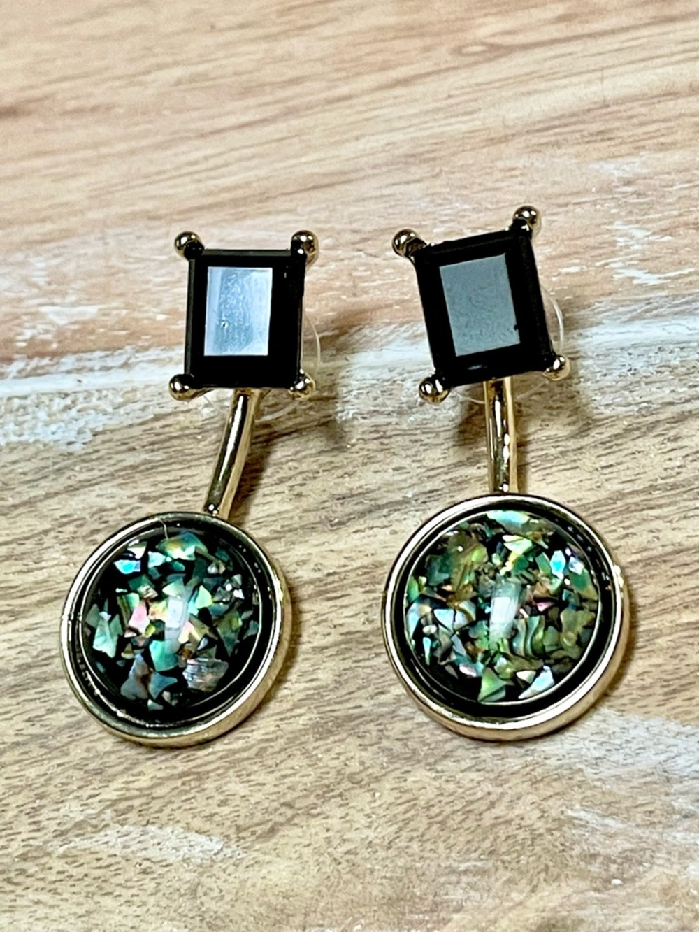 Two Pairs in One! Gold-Tone Black Posta with Round Dichroic Glass Cabochon
